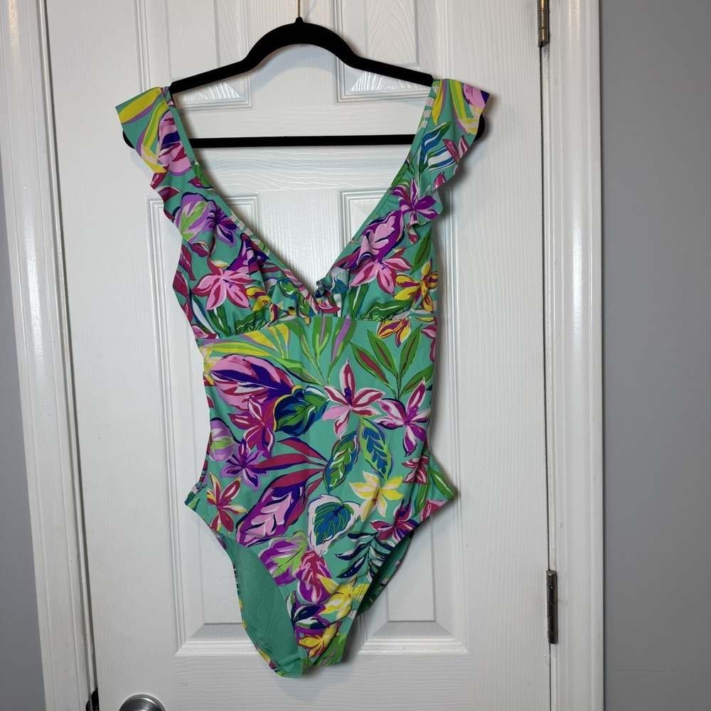 Stella Parker‎ Ruffle Front Straps Floral One-Piece Bathing Suit Wm's Large Teal